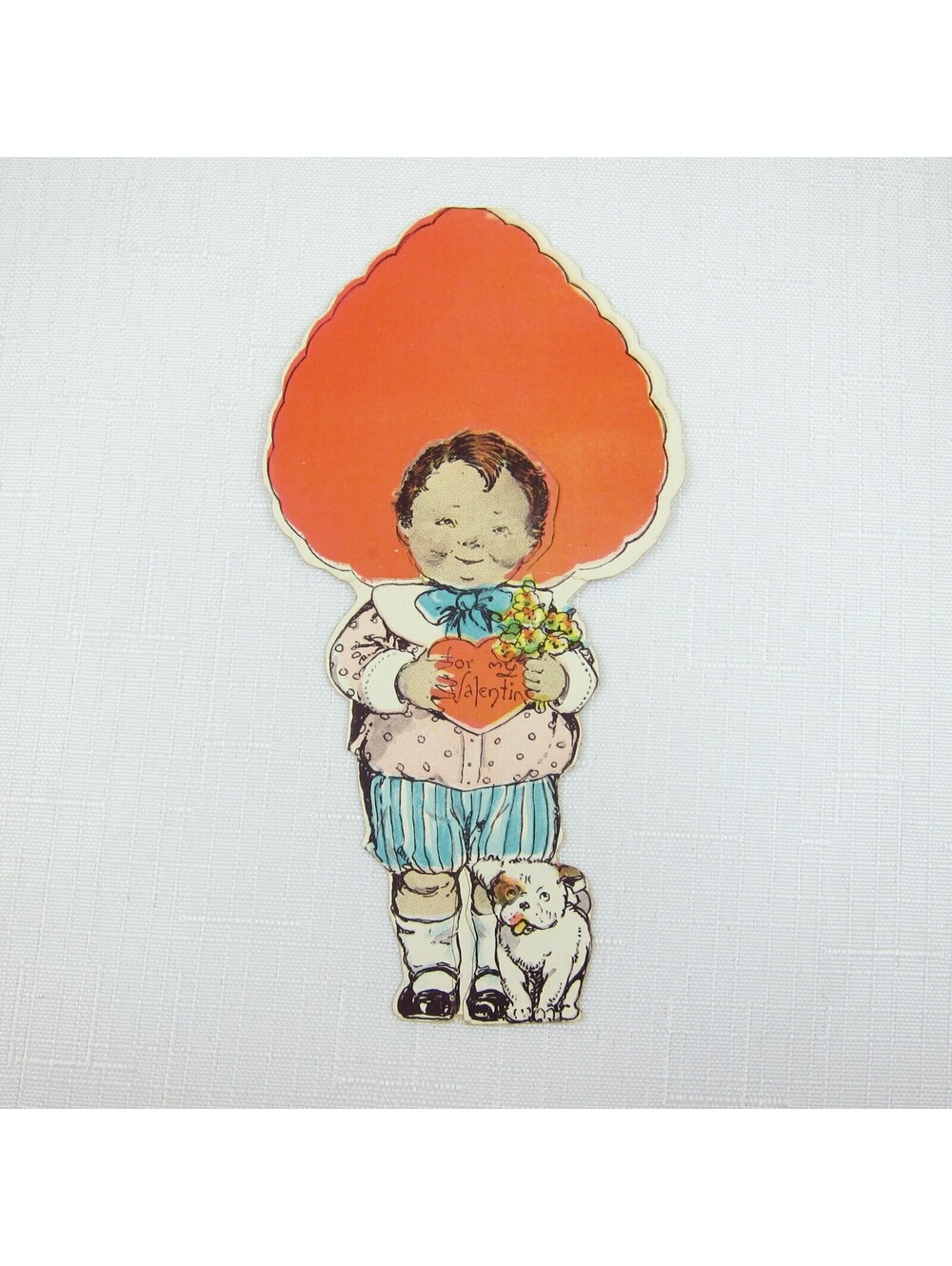 Vintage Valentine Cutout Card Stand Up Boy w/ Flowers & Dog 1920s-30s UNSIGNED